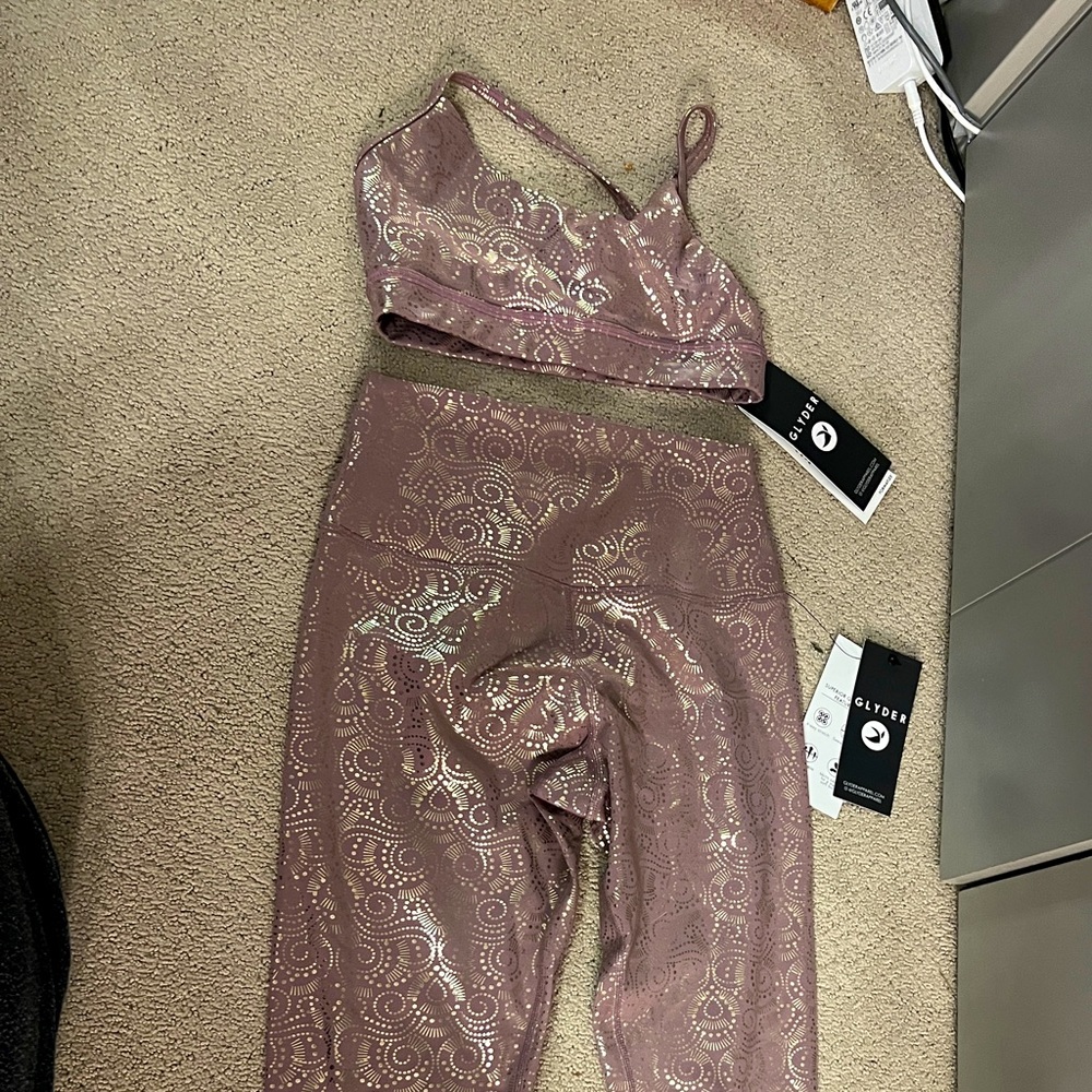 XS yoga sports bra (matching pants available) in shimmery pink